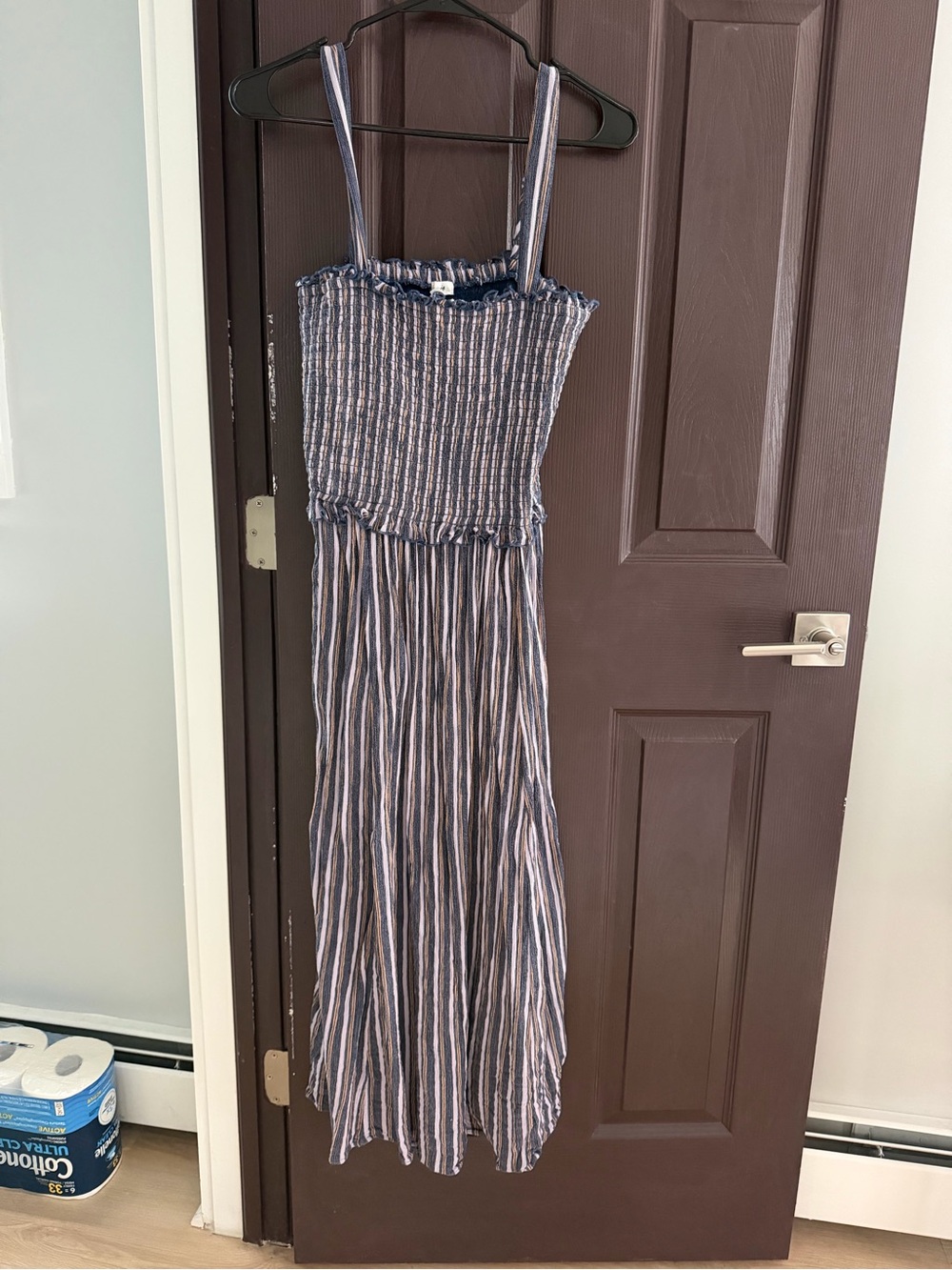 Aerie Smocked Striped At the Barre Midi Dress in Navy - Picture 4 of 6